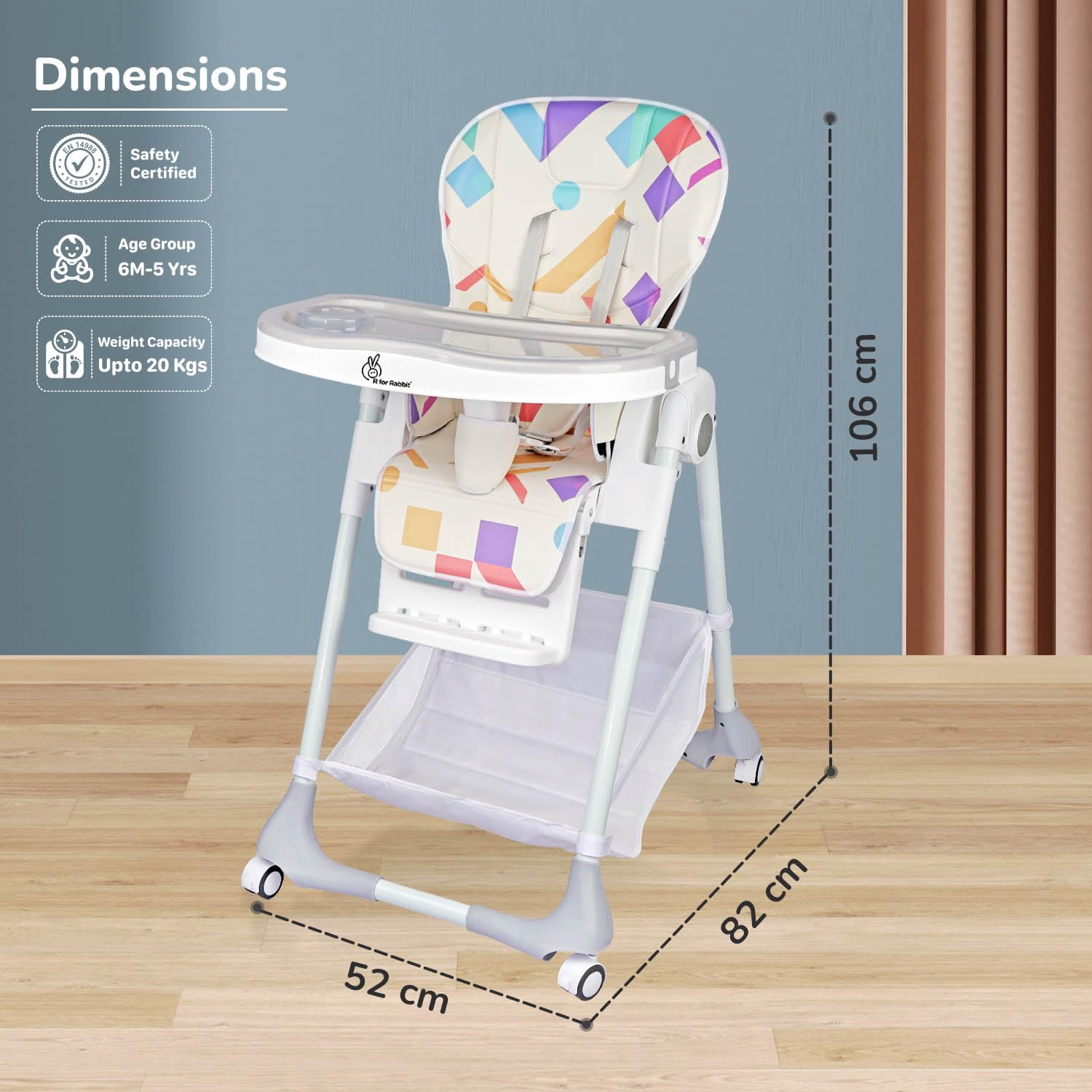 White and grey Marshmallow Lite baby high chair with 6 adjustable height levels, comfortable and secure for infant feeding, featuring a playful bear motif. www.usmile,toys